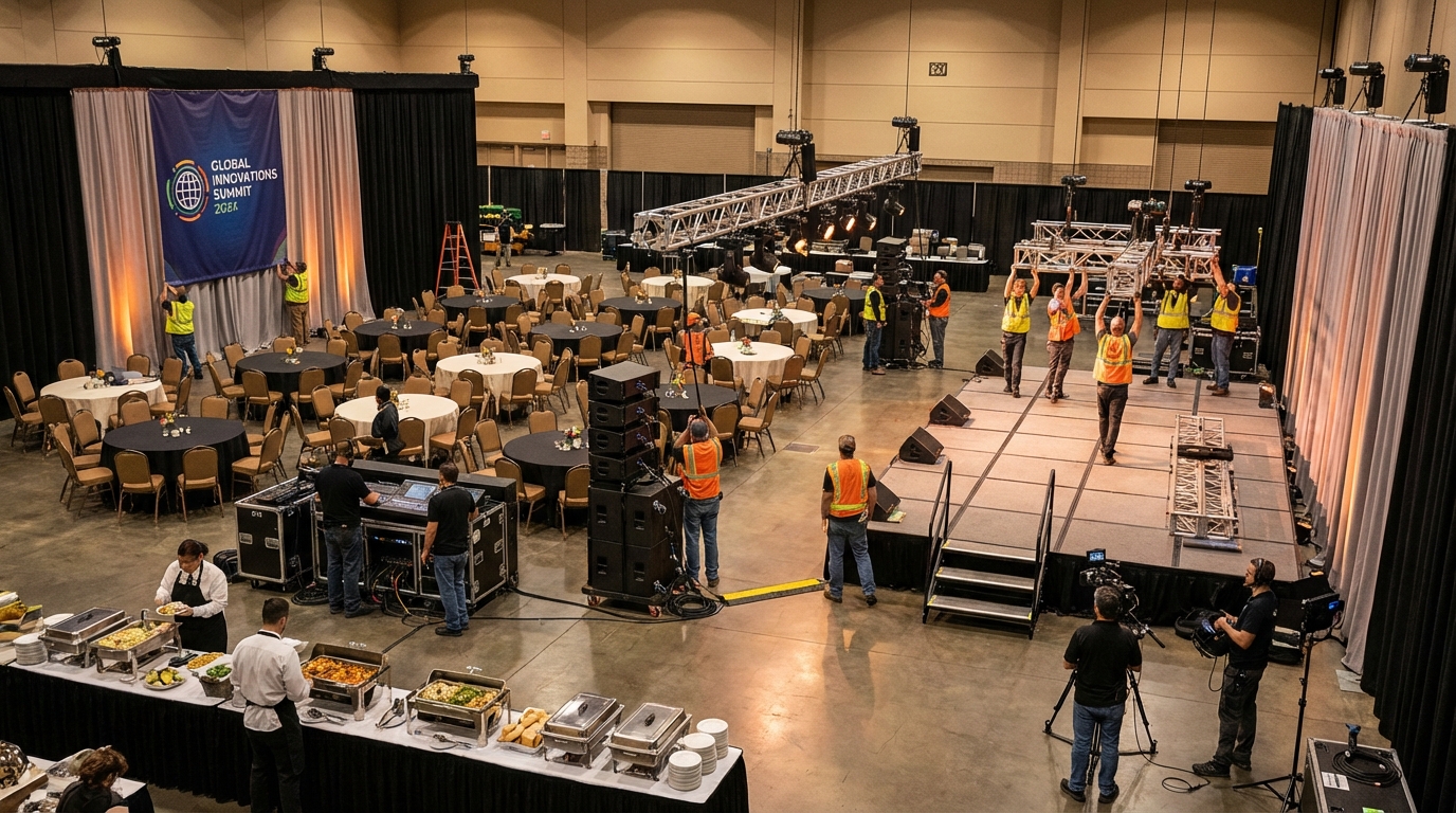 Professional Event Team Setting the Stage - Real Working Moments